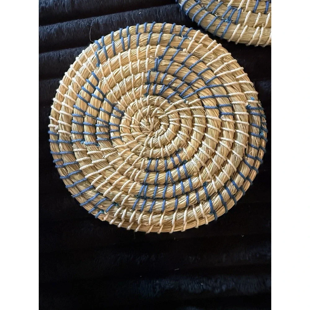 Set of 2 Vintage Woven Wicker Hot Pads, Trivets - Blue White